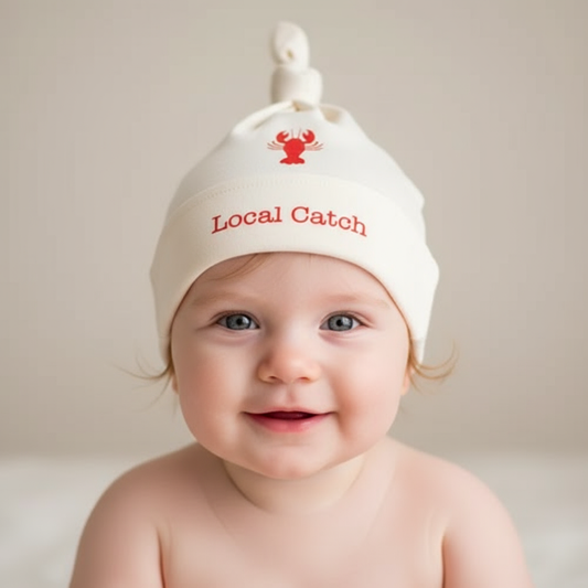 White baby wearing Lobster Local Catch hat