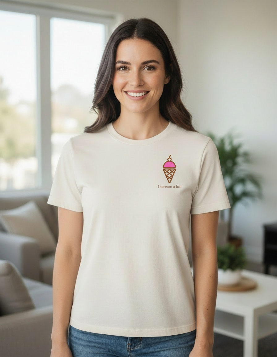 Woman wearing off-white ice cream t-shirt