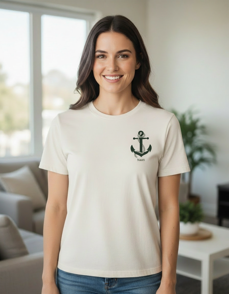 Woman wearing off-white nauti t-shirt