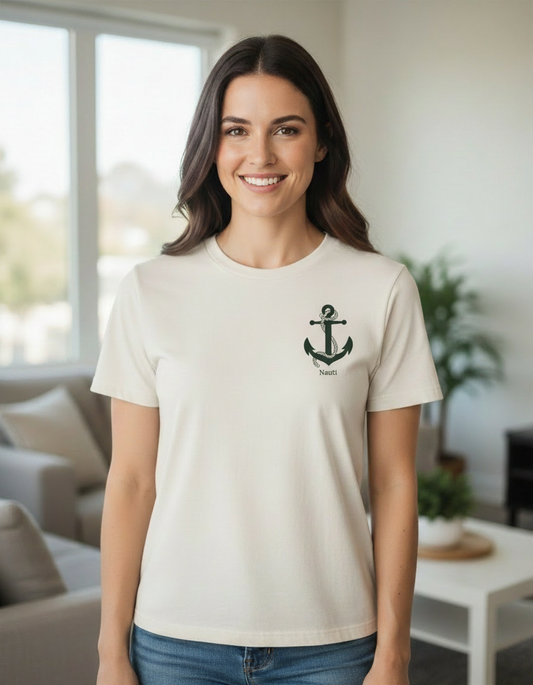 Woman wearing off-white nauti t-shirt