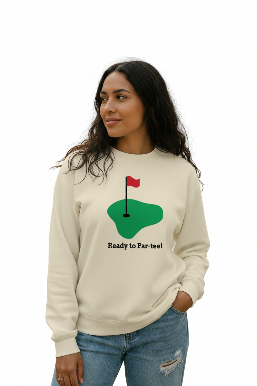 Woman wearing Ready to Par-tee sweatshirt matching nauti style