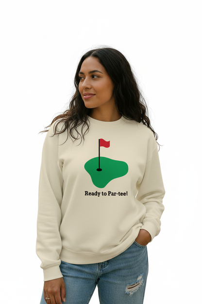 Woman wearing Ready to Par-tee sweatshirt matching nauti style