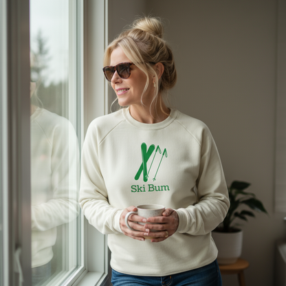 Woman wearing ski bum sweatshirt