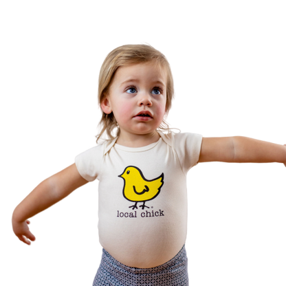 Baby wearing Local Chick organic cotton short sleeve romper by Simply Chickie