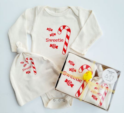Organic Cotton Baby Gift Set - romper & hat - candy cane LONG SLEEVE - Simply Chickie