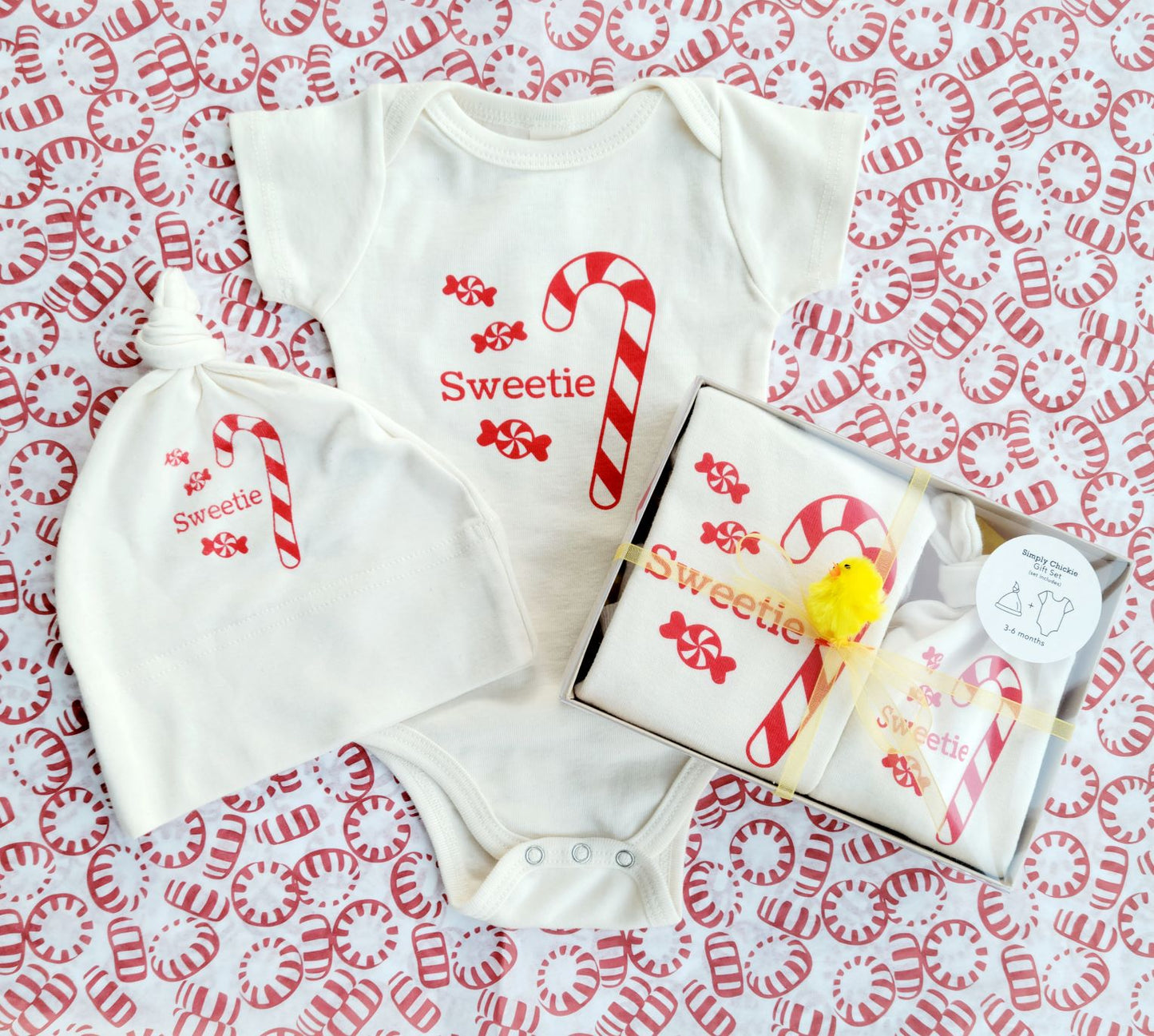 Organic Cotton Baby Gift Set - romper & hat - candy cane - Simply Chickie