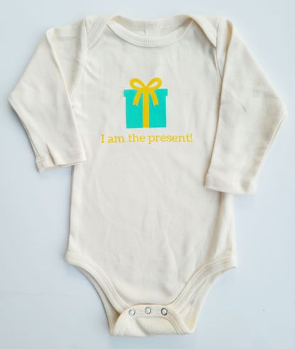 Organic cotton baby onesie - Present - I am the present LONG SLEEVE Romper - Simply Chickie